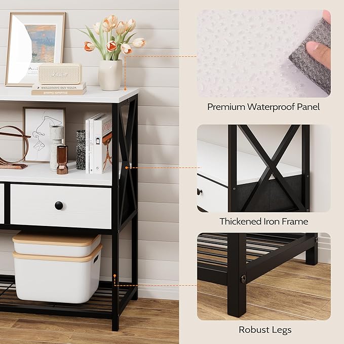 47'' Farmhouse Console Table with 3 Drawers and Open Shelf, Sofa Table Behind Couch with 3-Layer Storage, Rustic Entryway Table for Living Room, Hallway, Foyer, Kitchen, White