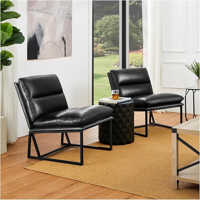 Glitzhome Mid Century Modern Accent Chairs, Set of 2 Black Thick Leatherette Leisure Chairs with Metal Frame, Upholstered Chairs for Living Room, Bedroom, Home Office