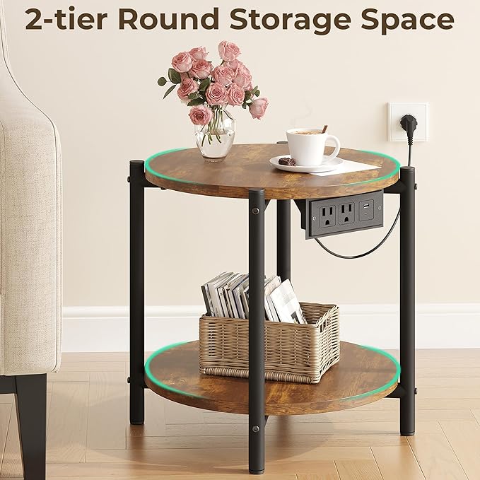 LIKIMIO 15.8" W Small Round Side Table with Charging Station, 2-Tier End Table with Lower Shelf, Wooden Nightstand for Small Spaces, Living Room, Bedroom, Rustic Brown