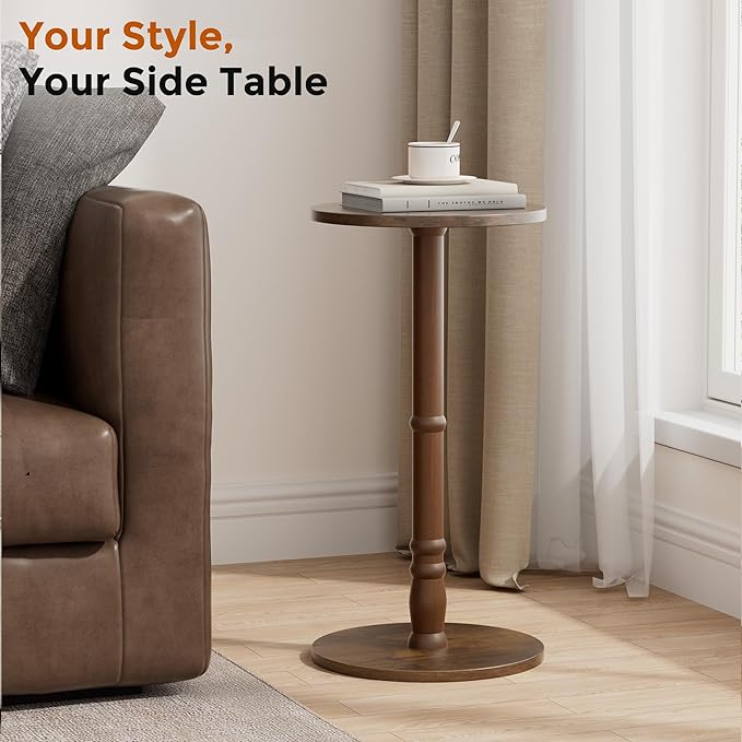 Round Side Tables Set of 2, Solid Wood Pillar with Wood Top & Base, Small Drink Accent Table for Living Room, Bedroom, Sofa & Office, Easy Assembly, Rustic Brown