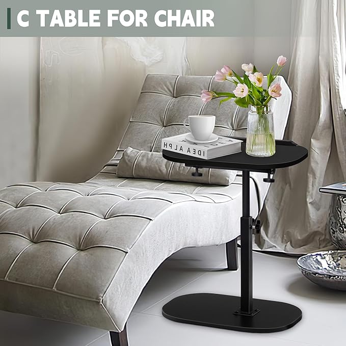 Aoligrace Black Sofa Side Table, Adjustable Height C Table with 360° Swivel Flip Top, Small End Table for Living Room Apartments Dorms