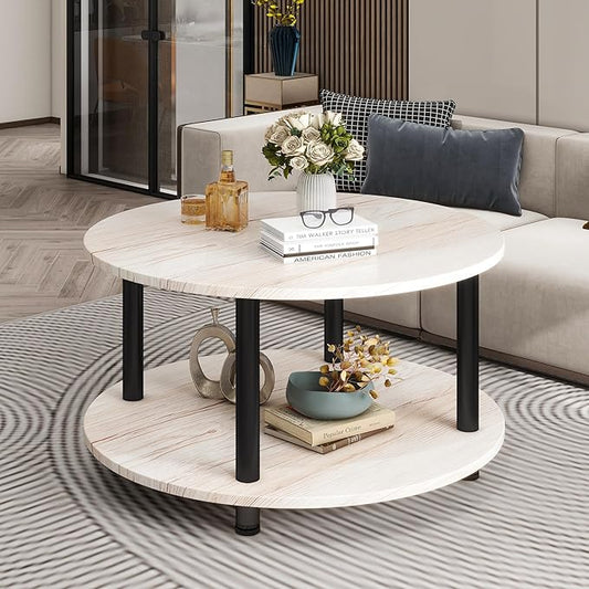 23.6" Round Coffee Table, 2-Tier Small Circle Coffee Table with Storage, Modern Center Accent Table with Metal Frame, Side Table End Table for Small Space, Living Room, Office, Teak Oak