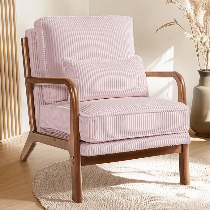 FLEXISPOT AC1 Accent Chairs Set of 2, Upholstered Mid Century Modern Corduroy Armchairs with Solid Wood Frame, Comfy Lounge Reading Chairs Farmhouse Armchairs for Living Room, Bedroom, Balcony (Pink)