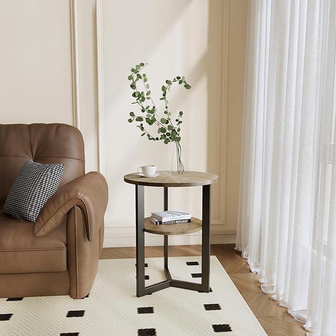 LEEMTORIG Round Side Table, 2-Tier High End Table Nightstand with Metal Legs, Modern Bedside Couch Table for Living Room, Bedroom, Office, Rustic Natural/Black, 19.3 x 19.3 x 24 inches BZ-1338