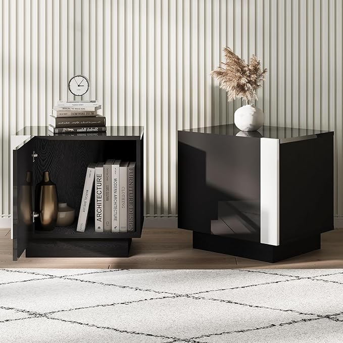 AMERLIFE 2PCS Entertainment Center Side Table Set with Storage, Modern High Gloss End Tables with 2 Cabinet Doors, for Living Room/Bedroom/Office