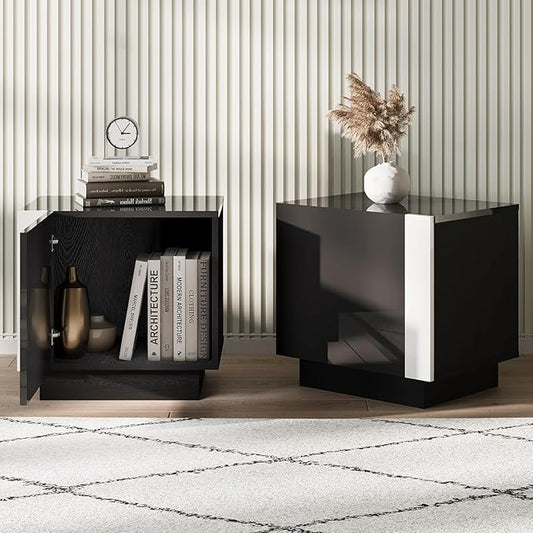 AMERLIFE 2PCS Entertainment Center Side Table Set with Storage, Modern High Gloss End Tables with 2 Cabinet Doors, for Living Room/Bedroom/Office