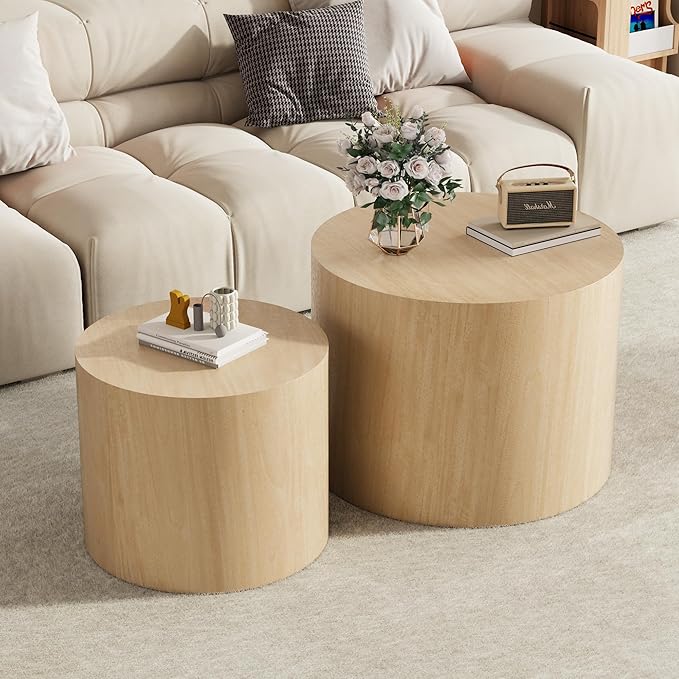 Nesting Coffee Table Set of 2, Round Yellow Nesting Table Modern Circle Coffee Tables Side End Tables for Small Spaces Living Room, Bedroom, Balcony, Office