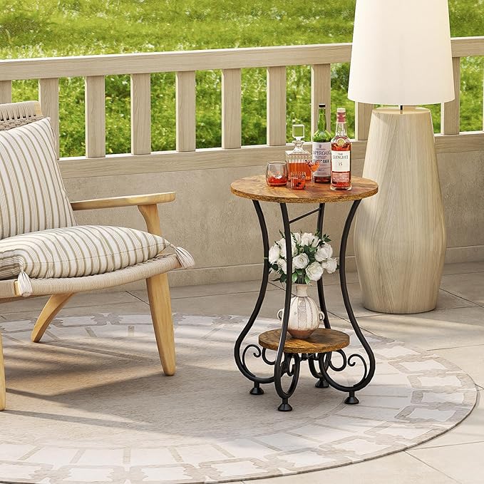 X-cosrack End Table, Round Side Table for Small Spaces, Coffee Tea Table Nightstand Home Decor for Living Room Balcony Bedroom Office,Rustic Brown & Black,15.75" L x 15.75" W x 24.0" H