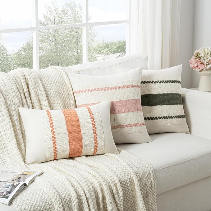 Fancy Homi Set of 2 Boho Olive Green Decorative Throw Pillow Cover 20x20 Inch for Couch Bed Sofa, Aesthetic Modern Organic Farmhouse Home Decor, Soft Cotton Cute Accent Macrame Woven Cushion Case