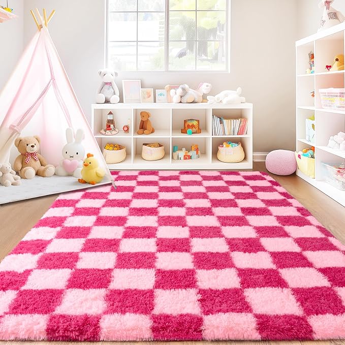 Checkered Rug for Living Room 6x9, Ultra Fluffy Fuzzy Shag Large Area Rug for Bedroom, Modern Plush Soft Upgrade Non-Slip Carpet for Kids and Girls Room Dorm Home Decor, Pink and Hot Pink