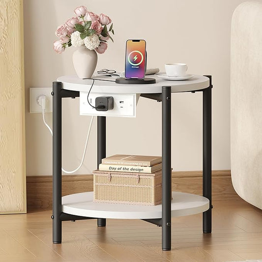 LIKIMIO 15.8" W Small Round Side Table with Charging Station, 2-Tier End Table with Lower Shelf, Wooden Nightstand for Small Spaces, Living Room, Bedroom, White