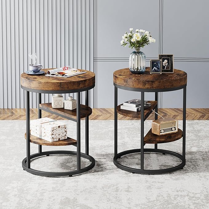 Tribesigns Round End Table Set of 2, 3-Tier Side Table with Storage, Rustic Industrial Nightstand for Small Spaces, Wood Metal Accent Table for Living Room, Bedroom, Sofa, Bedside, Rustic Brown
