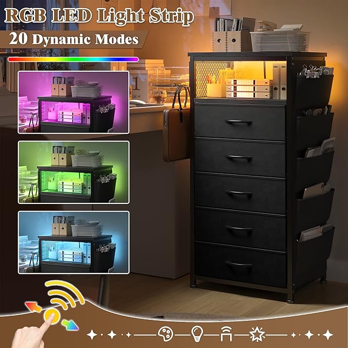 EnHomee Tall Night Stand Set 2 with 5 Drawers, LED Nightstand with Ports & Outlets, Bedside Table with Extra Side Bag & Storage Shelf & Hooks, Bedroom, Dorm, Closet