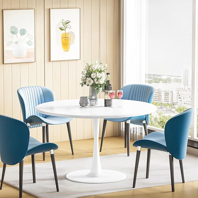 DKLGG White Round Dining Table, 39.1" Tulip Kitchen Dining Table for 4-5 People with MDF Table Top & Pedestal Base, Mid-Century End Living Room Table
