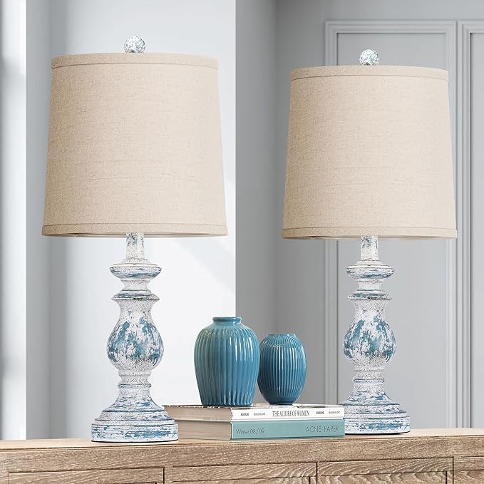 PARTPHONER Traditional Table Lamp Set of 2, Rustic Farmhouse Table Lamps for Living Room Bedroom, 22" Bedside Desk Lamps Vintage Nightstand Lamps with Linen Shades, Washed Blue