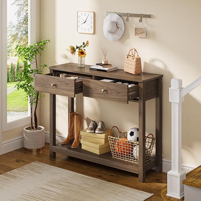 Gizoon Console Table with 2 Drawers, 2-Tier Wood Entryway Table with Storage Shelves, 39" W Wood Accent Sofa Table for Front Hall, Hallway, Living Room, Dark Brown
