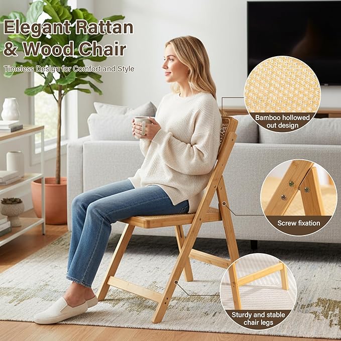 Rattan Folding Chair, Modern Mid Century Dining Chair Set of 1, Outdoor Bamboo Chairs for Bedroom Living Room Reading Room Dining Kitchen, Wood