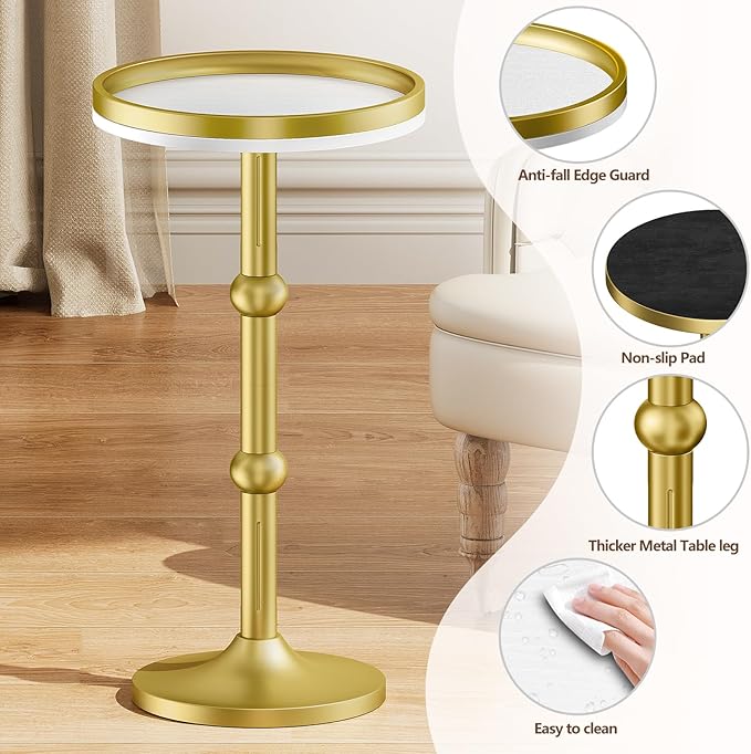 Small Round Side Table, Coffee Drink Table for Small Spaces, Modern Night Stand with Metal Leg, Weighted Iron Base Pedestal Round End Tables for Living Room, Bedroom, Narrow Corners,Sofa Couch