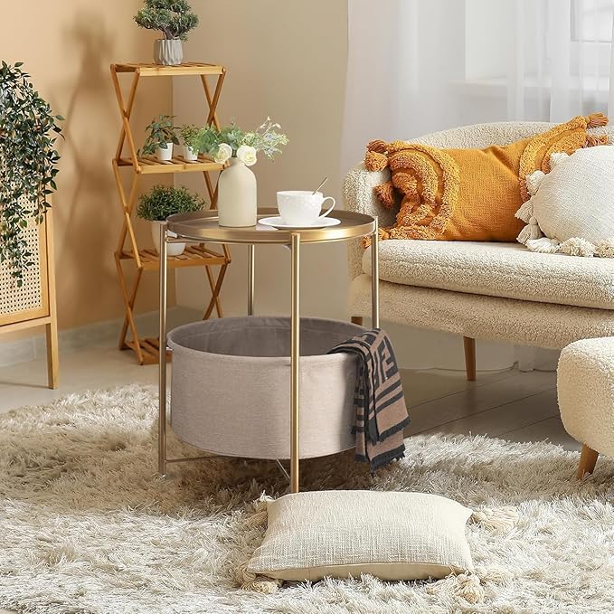 danpinera Round Side Table with Fabric Storage Basket, Metal Side Small Bedside Table Nightstand with Removable Tray Top for Living Room, Bedroom, Nursery, Laundry, Gold