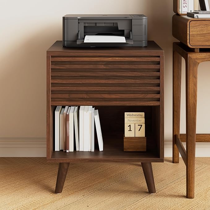 Alohappy Mid Century Modern Nightstand, Fluted Night Stand, Wood Bedside Table with Drawer and Cube Storage for Bedroom, Side Accent End Table with Solid Wood Leg for Living Room, Brown, 1pc