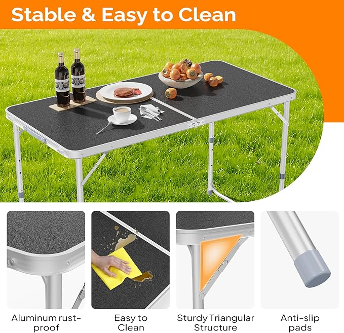 VINGLI 4FT White Folding Table with Carrying Handle Height Adjustable Lightweight Fold Up Portable for Indoor Outdoor Picnic,Camping,Hiking,Fishing,BBQ …