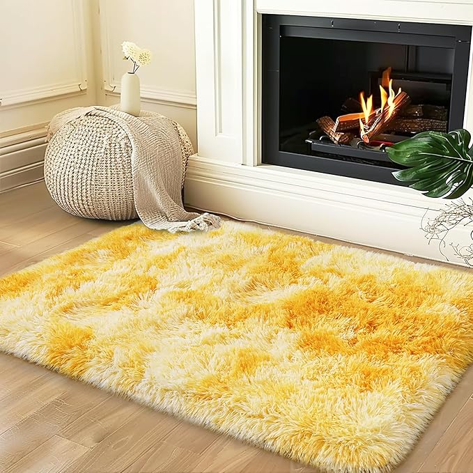Small Rugs for Bedroom, Fuzzy Throw Rug for Living Room Dorm, Soft Fluffy Bedroom Rug, Non Slip Shag Rugs, Modern Indoor Home Decor Aesthetic, 2x3 Feet, Tie-Dyed Yellow