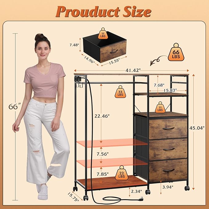 WLIVE Dresser with Hanging Rack for Bedroom, 3 Drawer Dresser with LED Lights & Charging Station, Fabric Dressers & Chest of Drawers, Storage Organizer with Open Shelves for Living Room, Brown