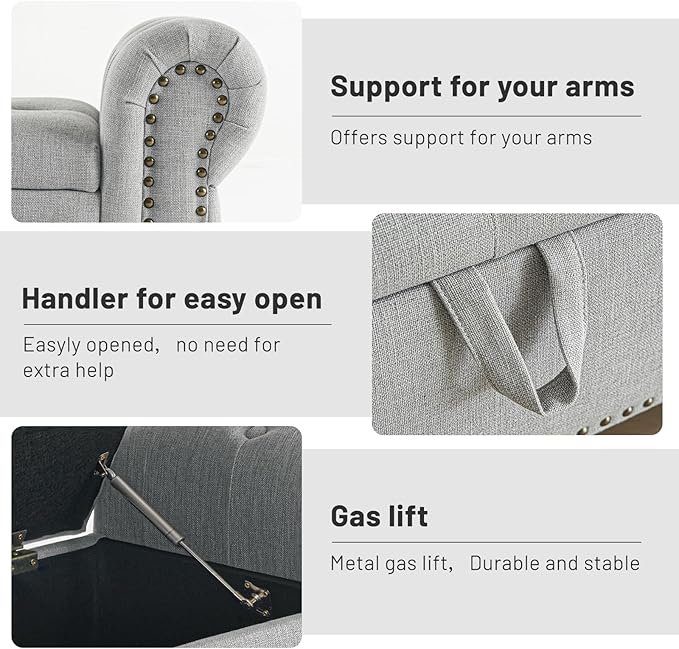 Furniliving 63” End of Bed Bench, Bedroom Bench with Button-Tufted, Large Upholstered Storage Ottoman Benches Entryway Bench with Storage Shoe Cabinet Bench, for Bedroom, Living Room, Linen, Grey