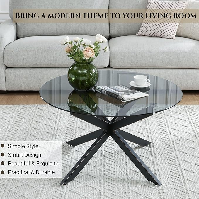 Round Glass Coffee Tables for Living Room, Home Office, Modern & Simple Center Table with Gray Tempered Glass Top, 35.5" Wx19.7 H Black