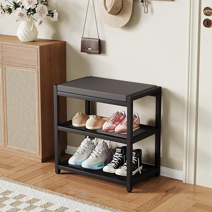 ZHOOGE Small Shoe Bench Shoe Rack Storage Bench Entryway Bench Shoe Shelf with Seat Cushion, Stable Shoe Organizer for Entryway, Living Room, Bench Seat Holds Up to 300 lb, (17"x 10"x 16", L x W x H)