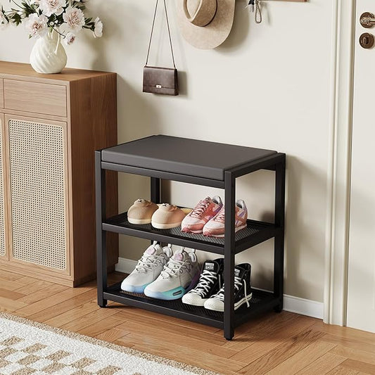 ZHOOGE Small Shoe Bench Shoe Rack Storage Bench Entryway Bench Shoe Shelf with Seat Cushion, Stable Shoe Organizer for Entryway, Living Room, Bench Seat Holds Up to 300 lb, (17"x 10"x 16", L x W x H)