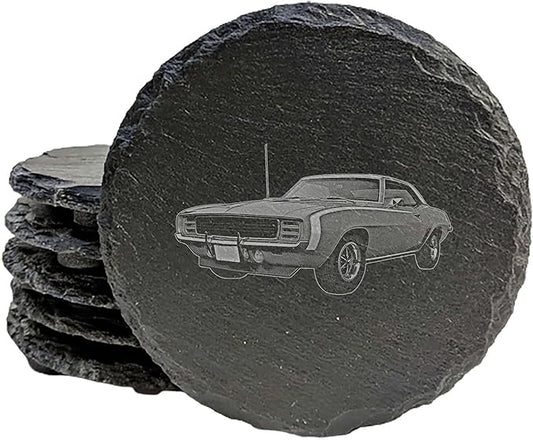 1969 Chevy Camaro RS/SS: Laser-Etched Coasters for Muscle Car Fans - Round Slate - Set of 8