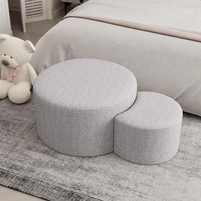 WILLIAMSPACE Upholstered Nesting Coffee Table Set of 2, Round Fabric Coffee Tables, Modern Side Tables Accent End Table Footrest Ottoman for Living Room Apartment (Beige Fabric)