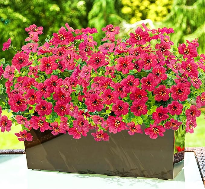Agusbagli 10 Bundles Artificial Flowers Outdoor UV Resistant Fake Flowers No Fade Faux Plastic Greenery Shrub Plants for Wedding Home Garden Window Box Fireplace Thanksgiving Christmas Decor, Rose Red