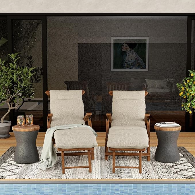 SUNBURY Outdoor Accent Table, 13" W Hourglass Shaped Outdoor Side Table for Patio, Concrete Garden Stool End Table Set of 2, Morden Concrete Side Table Wooden-Look Top for Garden, Backyard