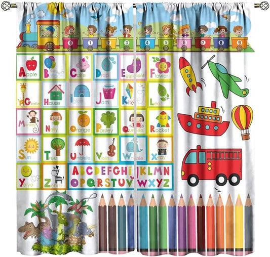 Alphabet Curtains，Numeration Table and Catoon Transportation Pattern Blackout Print Window Drapes for Kids Bedroom Living Room 63x72 Inch