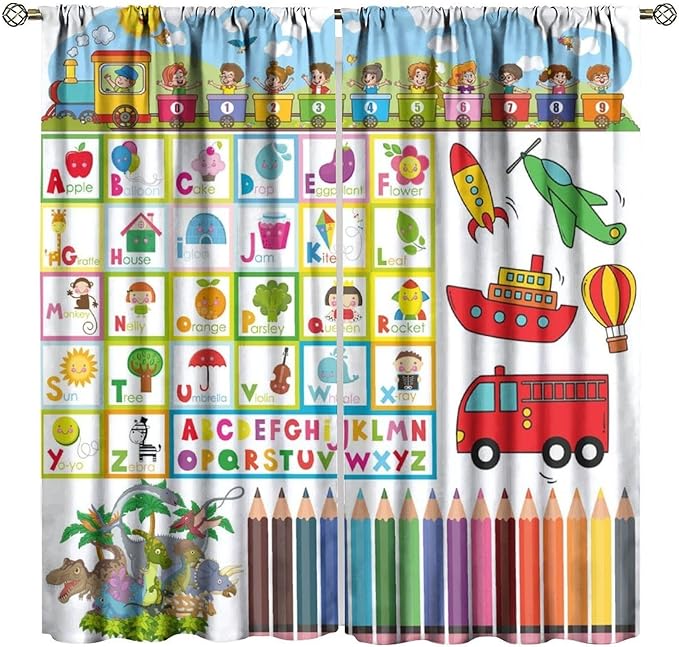 Alphabet Curtains，Numeration Table and Catoon Transportation Pattern Blackout Print Window Drapes for Kids Bedroom Living Room 55x63 Inch
