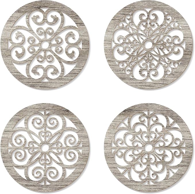 Zzbakress 4 Pieces Farmhouse Wall Decor Rustic Circle Wall Decor Wooden Hollow Carved Round Wall Art for Living Room Bedroom Kitchen Bathroom Home Wall Decoration (Delicate, Retro)