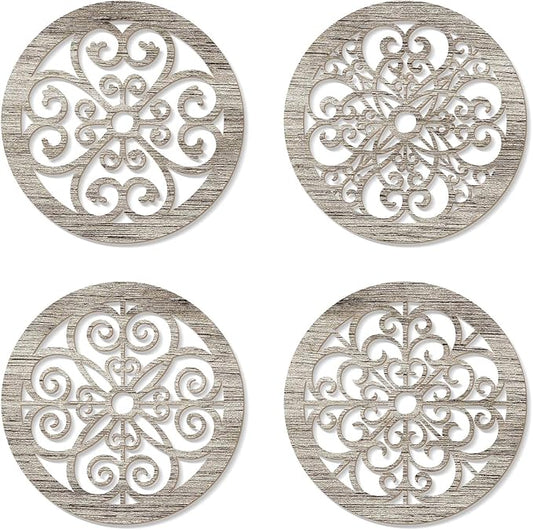 Zzbakress 4 Pieces Farmhouse Wall Decor Rustic Circle Wall Decor Wooden Hollow Carved Round Wall Art for Living Room Bedroom Kitchen Bathroom Home Wall Decoration (Delicate, Retro)