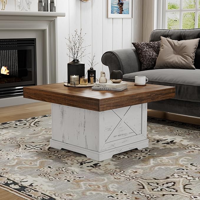 Coffee Table 31.5 in Farmhouse Center Table with X Design Wooden Pedestal for Living Room, Small Square Home Office Tea Accent Table for Dining Room Apartment, Antique White