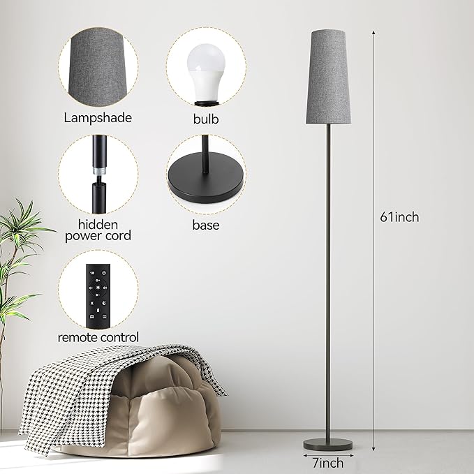 SUNMORY Floor Lamps for Living Room/Bedroom/Office, Standing Lamp with Remote Control, Dimmable Tall Lamp, Suitable for Modern/Boho/Farmhouse and Other Home Decor Styles, Black+Gray Lampshade