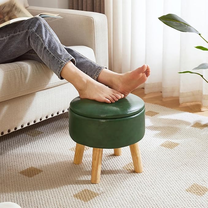 IBUYKE 13 Inch Foot Stool Ottoman with Storage, Round Small Foot Rest with Padded Seat and Wood Legs, PU Faux Leather Mini Footstool for Living Room Couch Bedroom Entryway, Dark-Green WBD023GR