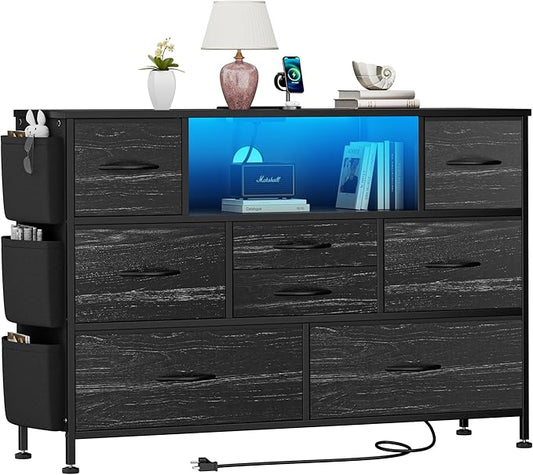 Dresser for Bedroom with 8 Drawers, Dresser TV Stand with LED Lights and Power Outlets, Fabric Chest of Drawers with Side Pocket for Living Room, Entryway, Bedroom Furniture (Black Wood Grain)