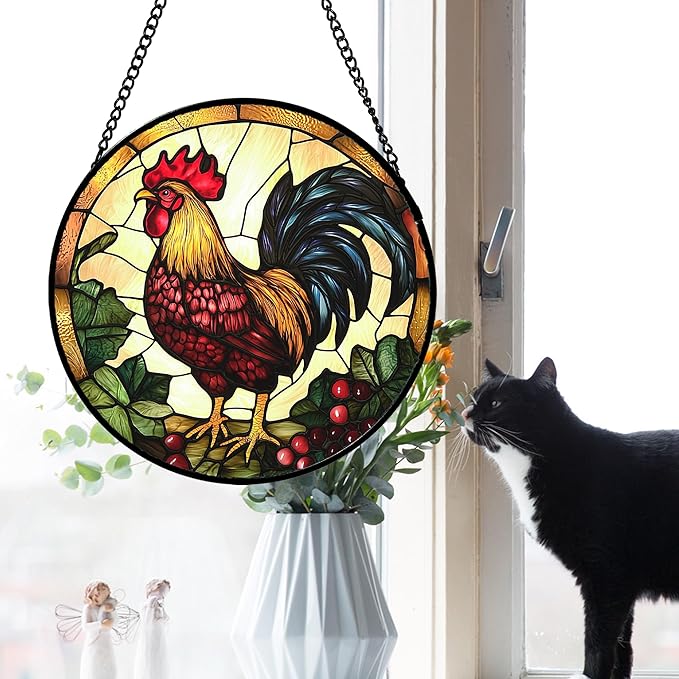 Stained Glass Window Hanging, Colorful Big Cock Sun Catcher for Window Door Home Decor, Chicken Suncatcher Christmas Mother's Day Birthday Gifts for Women Men Mom and Nana 11.8 in