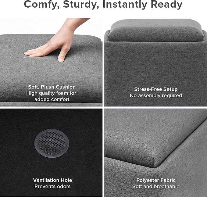 mopio Levi Storage Bench with Reversible Tray, Modern Storage Coffee Table, Bedroom Bench, Rectangular Cube Upholstered Coffee Table Ottoman for Living Room, Bedroom, Entryway (Fabric, Dark Gray)