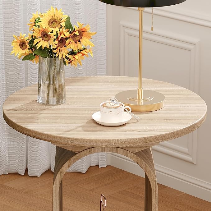 Side Table Set of 2, Round Coffee Table for Living Room, 2-Tier end Table with Storage and Thickened Tabletop, Modern Center Table Boho Small Bed Side Table for Living Room Office, Natural