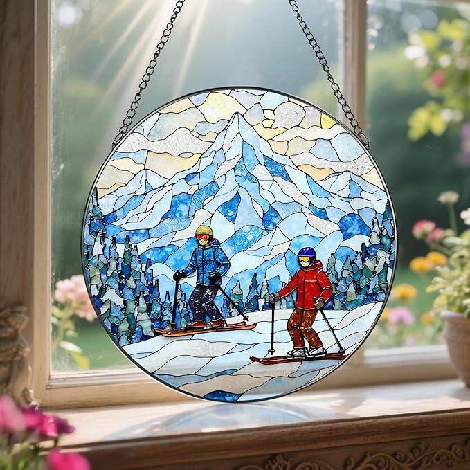 8'' Snowy Mountain Skiers Sun Catcher Ornament, Stained Glass Window Hanging, Sun Catchers for Windows Hanging Ornaments, Window Decor | Ideal Gift, Gift Exchange, Gifts for Skiers