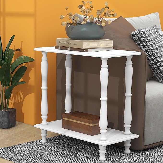 TaoHFE White Narrow Side Table Wooden Vintage End Tables Living Room French Style 24 Inch Sofa Side Table with Open Shelf 2-Tier Retro Bedside Table for Bedroom Living Room Small Space, White