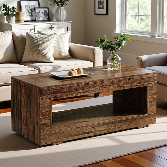 2-Tier Coffee Table with Storage Shelf, 43" Coffee Table for Living Room, Modern Wooden and Metal Accent Center Sofa Side Tables for Couch, Rustic Brown
