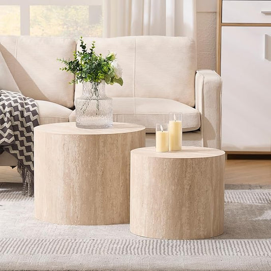 Round Coffee Tables Side Table Set of 2, Wood Nesting End Table for Living Room Balcony Office, No Assembling